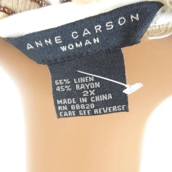 ANNE CARSON Top 2X Linen Blouse Ivory V-Neck Brown Embroidery Leaves Wood Beads - Picture 10 of 10